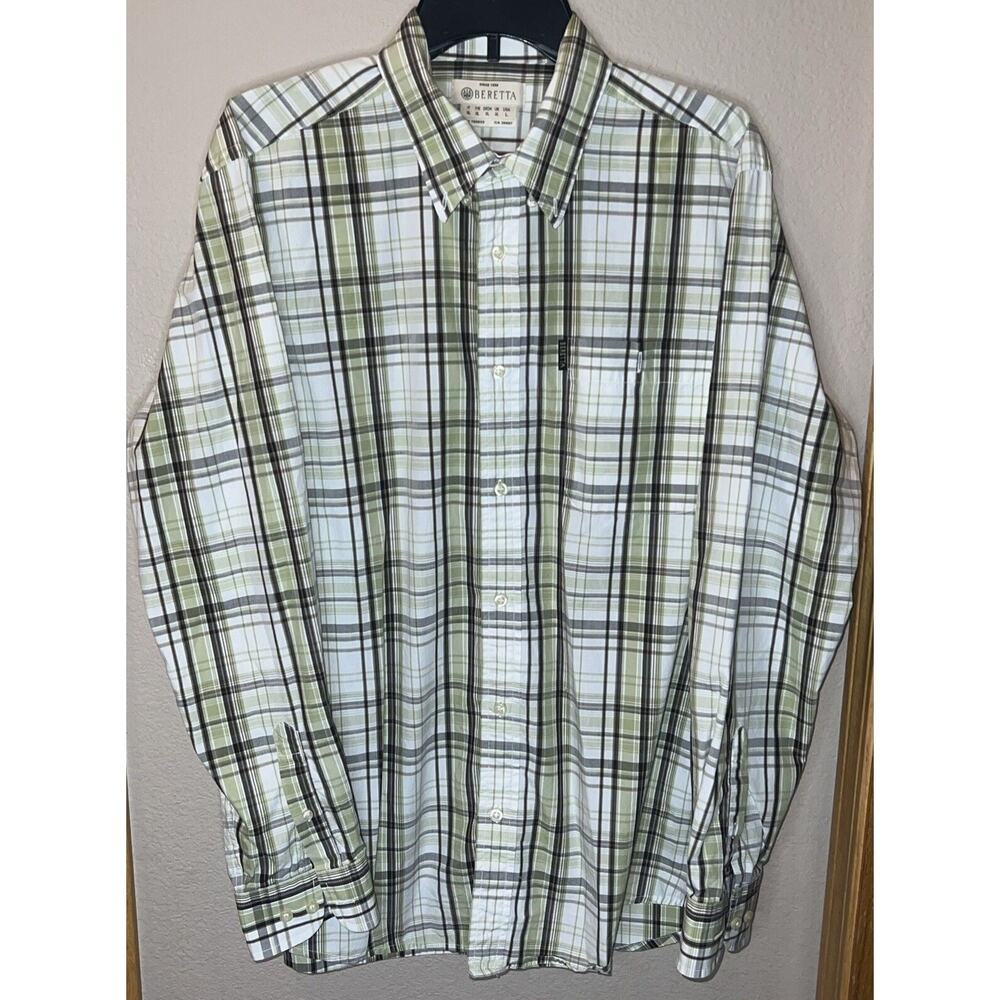 Beretta Mens Green White Plaid Long Sleeve Button Up Shirt Size Large L Italy